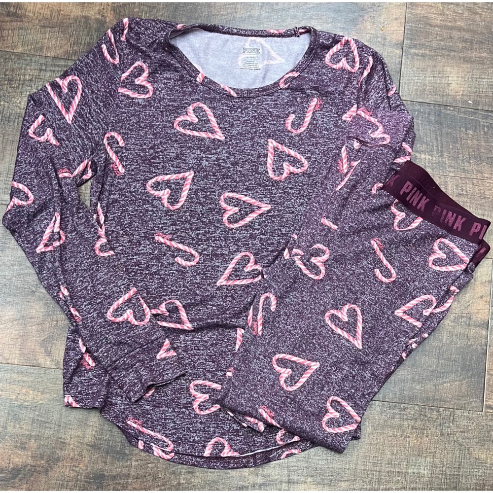 PINK Victoria's Secret Pajama Set Med Top Small Bottom Candy Cane Hearts Holiday